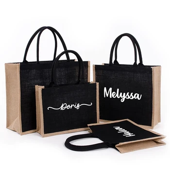 Персонализированная черная сумка из мешковины, пользовательские сумки для подружек невесты, пляжная сумка с монограммой и именем, свадебная сумка на заказ Изображение 2