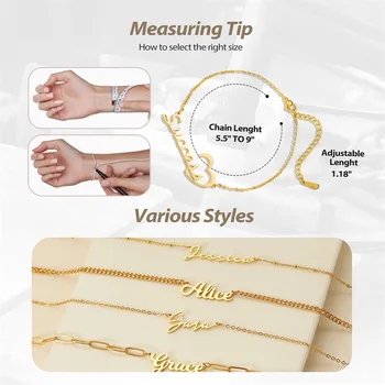  Персонализированный именной браслет или браслет с ножным браслетом Пользовательские браслеты с именем 18-каратное золото Регулируемый индивидуальный ювелирный подарок для женщин Изображение 2