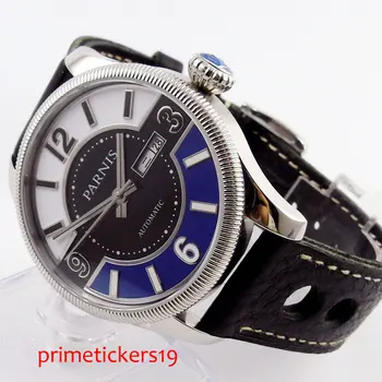 Простые мужские часы PARNIS 42 мм, неделя, дата, синий и белый циферблат, сапфировое стекло, механизм с автоподзаводом, кожаный ремешок 411 Изображение 2