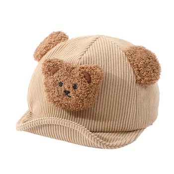  Симпатичный медведь декоративный для малышей 8-36 месяцев, чтобы согреться, мультяшная вельветовая зимняя однотонная бейсбольная шапка Изображение 2