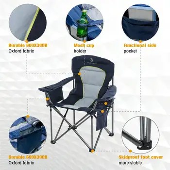 Складной стул для кемпинга Портативные мягкие негабаритные стулья с подстаканниками, темно-синий Изображение 2