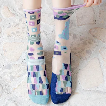 Японский стиль Нейлон Mid Tube Чулки 1 пара Длинные носки Мультяшный узор Прозрачный для девочек Женщины Эластичный Ультра-тонкий Бохо Изображение 2